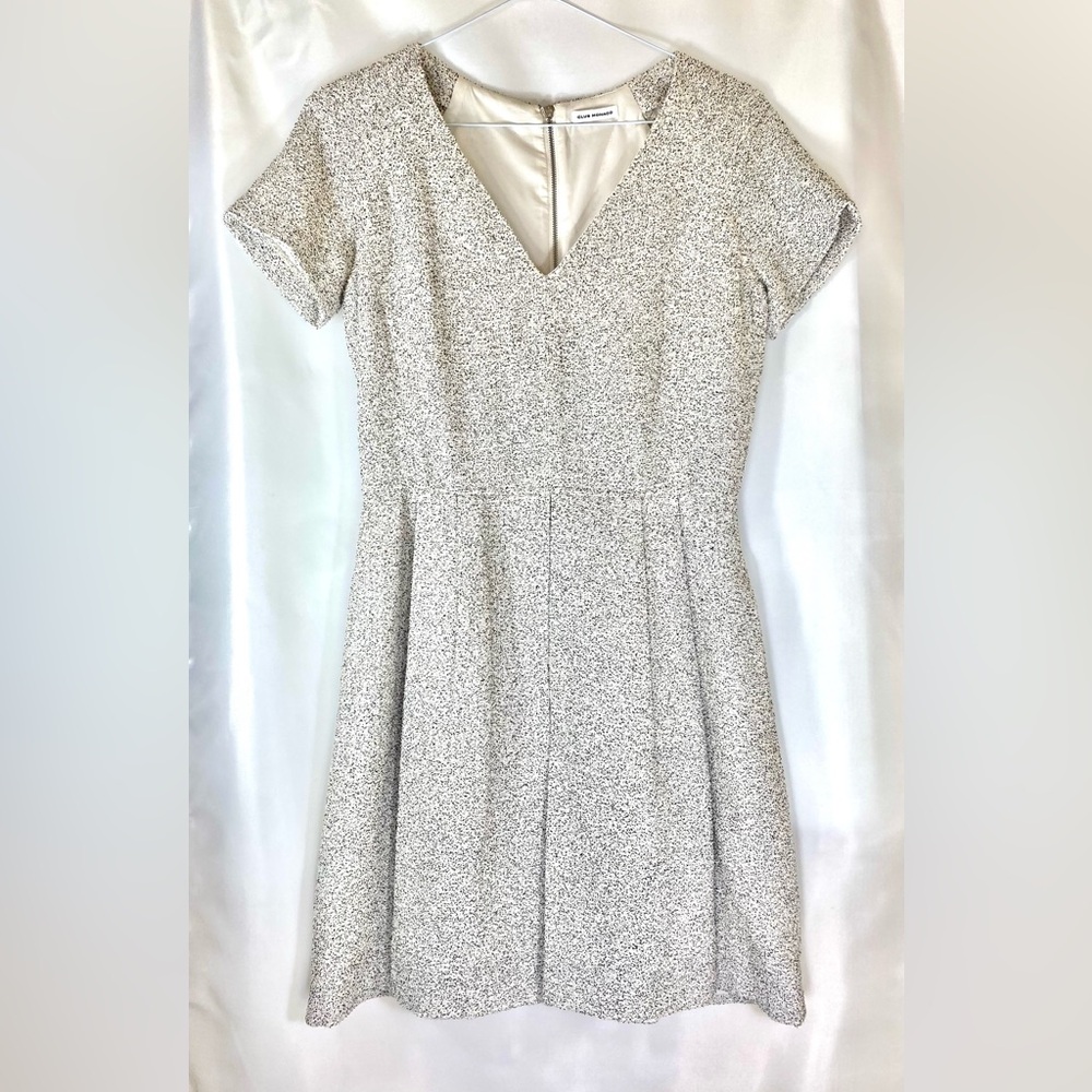 Club Monaco Black White Speckled Cotton Blend Fit Flare Dress Sz S Luxury Zipper